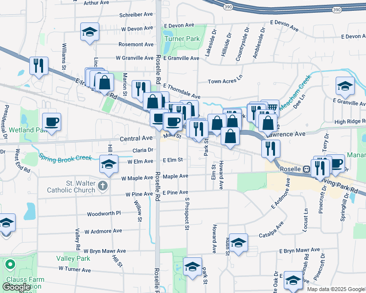 map of restaurants, bars, coffee shops, grocery stores, and more near 39 Main Street in Roselle