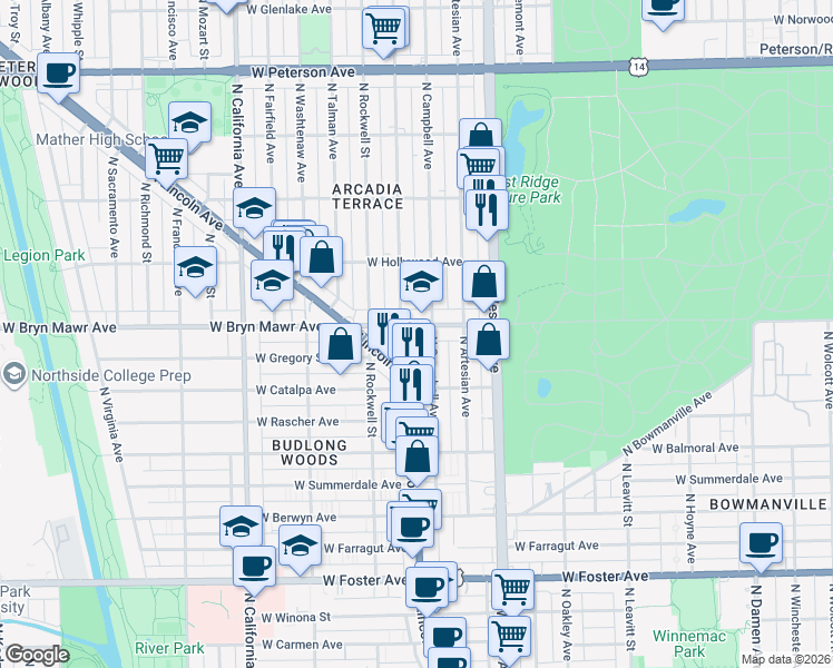 map of restaurants, bars, coffee shops, grocery stores, and more near 2501 West Bryn Mawr Avenue in Chicago
