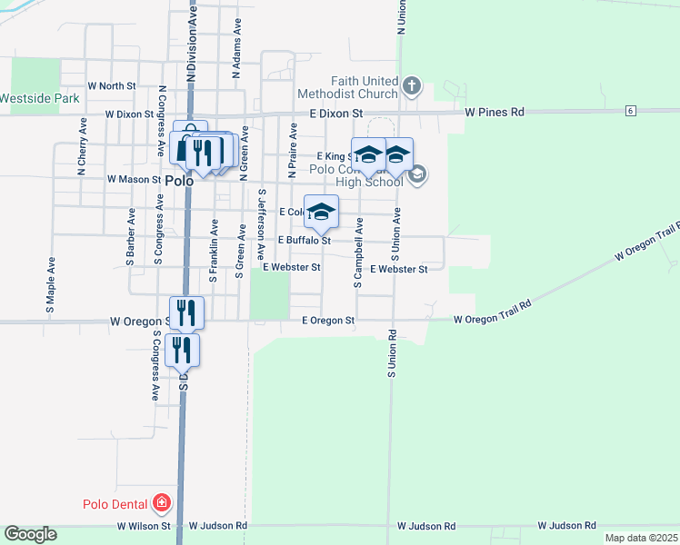 map of restaurants, bars, coffee shops, grocery stores, and more near 308 South Pleasant Avenue in Polo