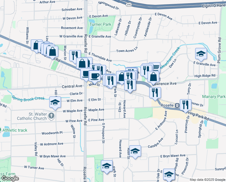 map of restaurants, bars, coffee shops, grocery stores, and more near 111 West Irving Park Road in Roselle
