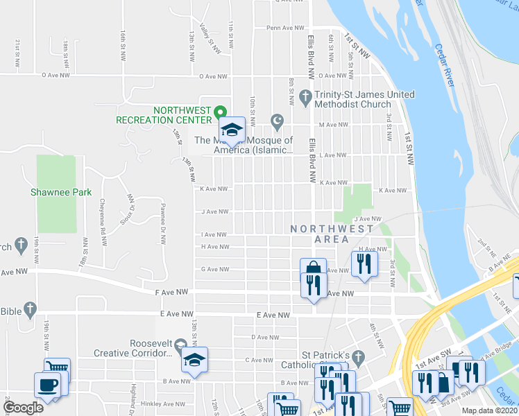 map of restaurants, bars, coffee shops, grocery stores, and more near 1101 10th Street Northwest in Cedar Rapids