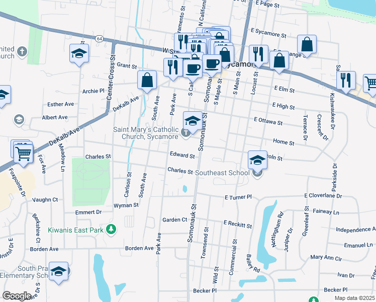 map of restaurants, bars, coffee shops, grocery stores, and more near 244 Waterman Street in Sycamore