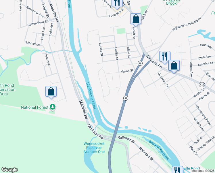 map of restaurants, bars, coffee shops, grocery stores, and more near 105 Danielle Drive in Woonsocket
