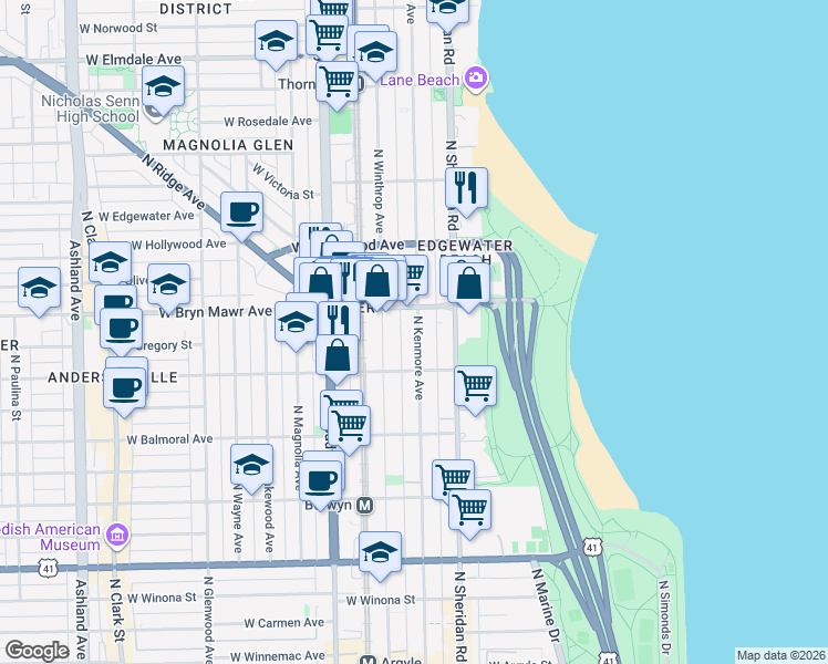 map of restaurants, bars, coffee shops, grocery stores, and more near 5534 North Kenmore Avenue in Chicago