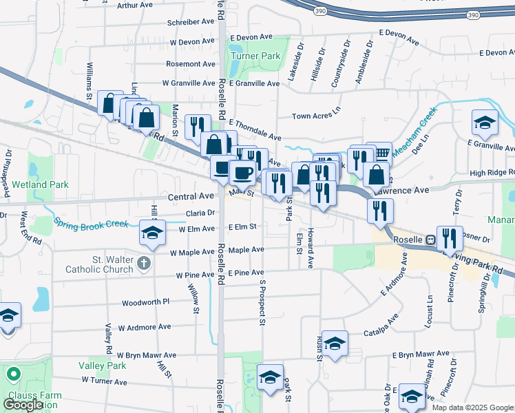 map of restaurants, bars, coffee shops, grocery stores, and more near 39 Main Street in Roselle