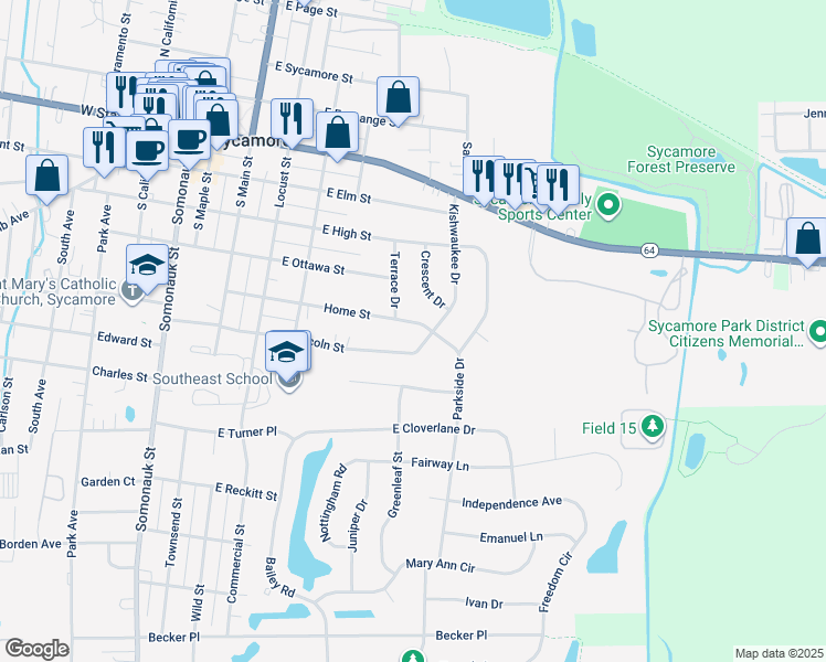 map of restaurants, bars, coffee shops, grocery stores, and more near 418 Home Street in Sycamore
