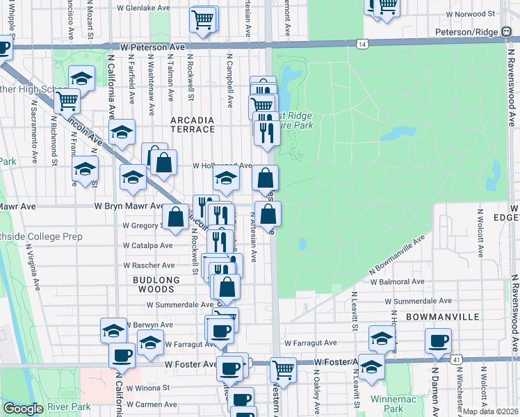 map of restaurants, bars, coffee shops, grocery stores, and more near 5616 North Western Avenue in Chicago