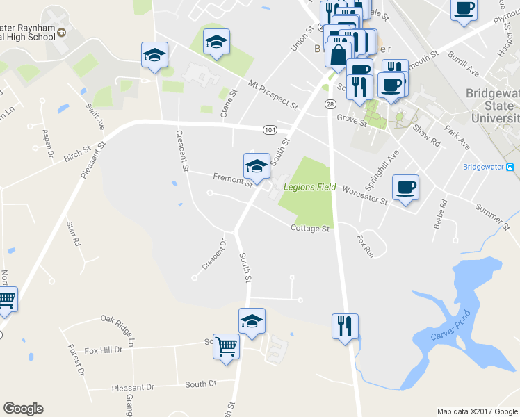 map of restaurants, bars, coffee shops, grocery stores, and more near 16 Cottage Street in Bridgewater