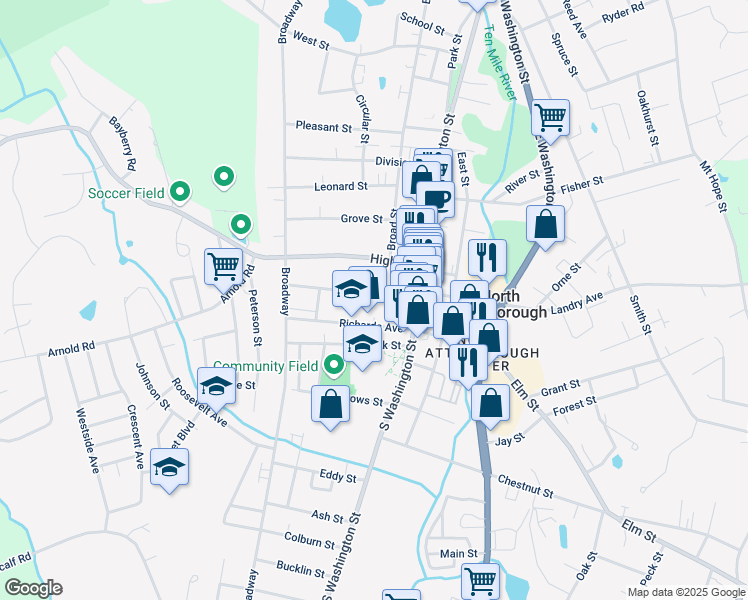 map of restaurants, bars, coffee shops, grocery stores, and more near 39 Church Street in North Attleborough