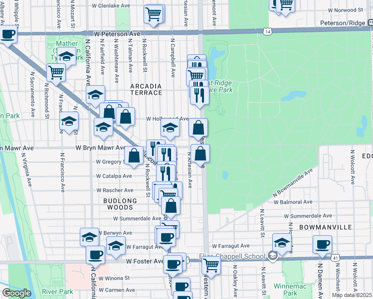 map of restaurants, bars, coffee shops, grocery stores, and more near 2452 West Bryn Mawr Avenue in Chicago