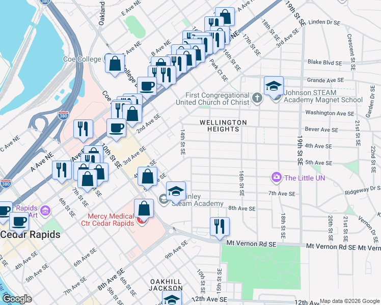 map of restaurants, bars, coffee shops, grocery stores, and more near 1431 4th Avenue Southeast in Cedar Rapids