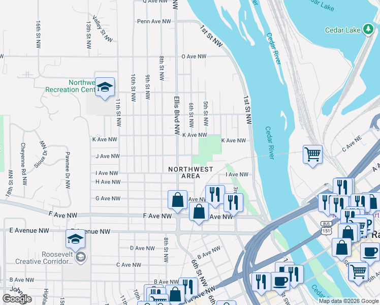 map of restaurants, bars, coffee shops, grocery stores, and more near 1123 Ellis Boulevard Northwest in Cedar Rapids