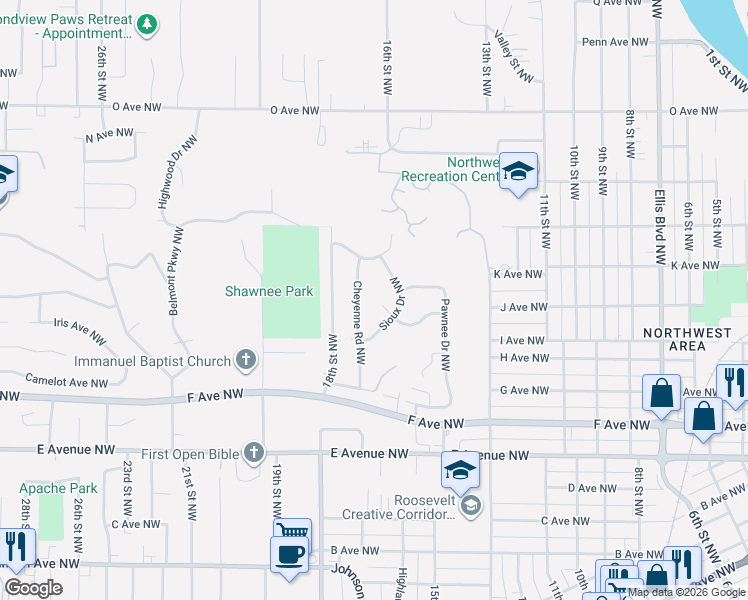 map of restaurants, bars, coffee shops, grocery stores, and more near 1119 Cheyenne Road Northwest in Cedar Rapids