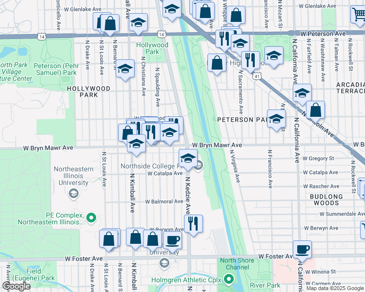 map of restaurants, bars, coffee shops, grocery stores, and more near 3211 W Bryn Mawr Ave in Chicago