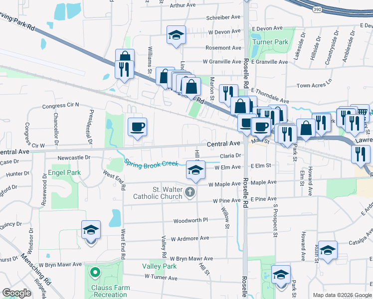 map of restaurants, bars, coffee shops, grocery stores, and more near 204 West Central Avenue in Roselle