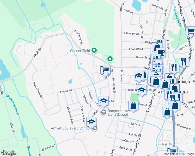 map of restaurants, bars, coffee shops, grocery stores, and more near 19 Taylor Street in North Attleborough