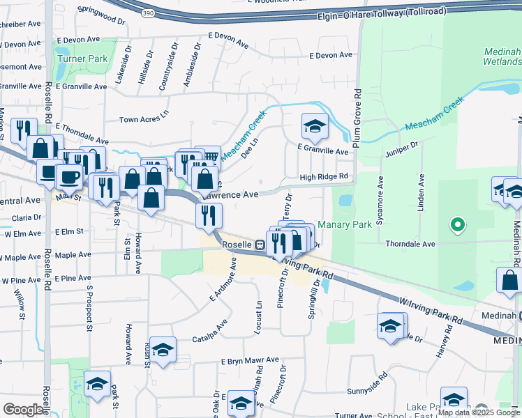 map of restaurants, bars, coffee shops, grocery stores, and more near 555 Lawrence Avenue in Roselle