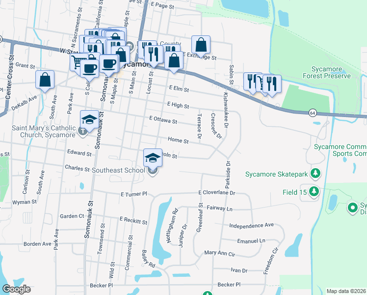 map of restaurants, bars, coffee shops, grocery stores, and more near 360 1/2 Home Street in Sycamore