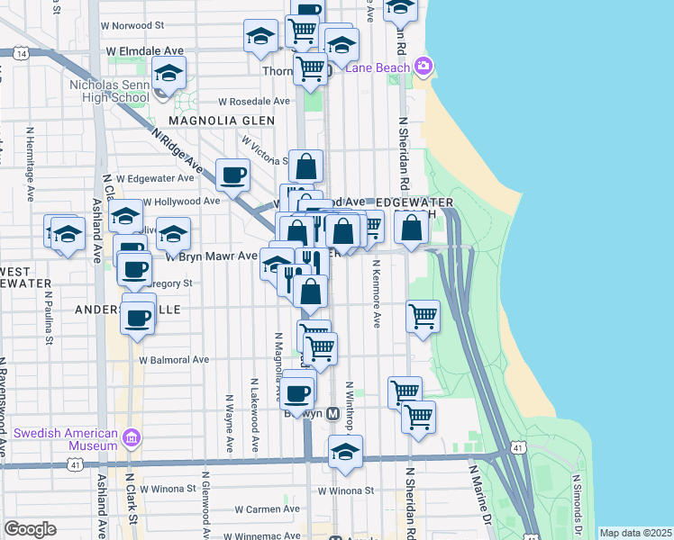 map of restaurants, bars, coffee shops, grocery stores, and more near 5536 North Winthrop Avenue in Chicago