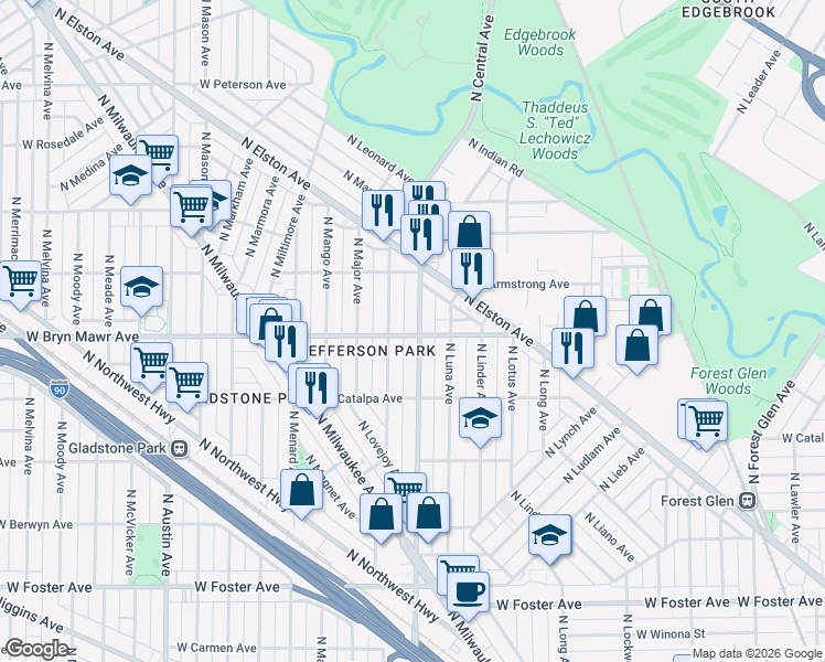 map of restaurants, bars, coffee shops, grocery stores, and more near 5600 North Central Avenue in Chicago
