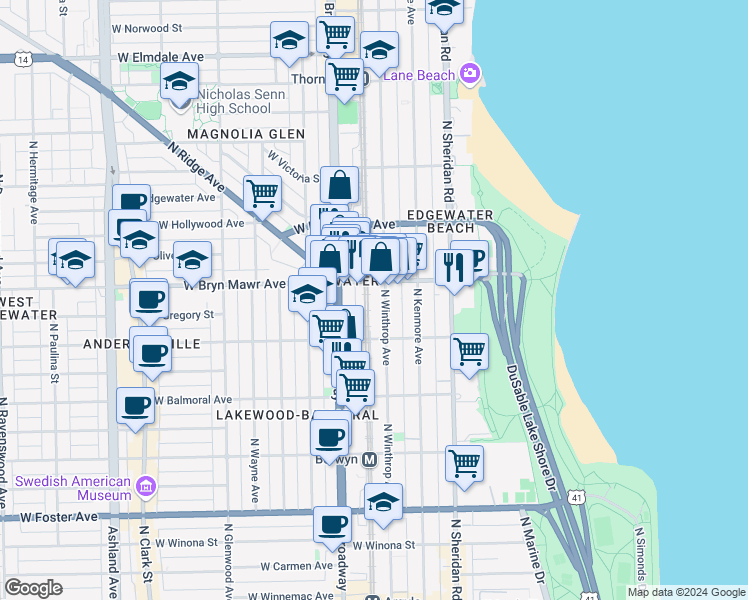 map of restaurants, bars, coffee shops, grocery stores, and more near 5540 North Winthrop Avenue in Chicago