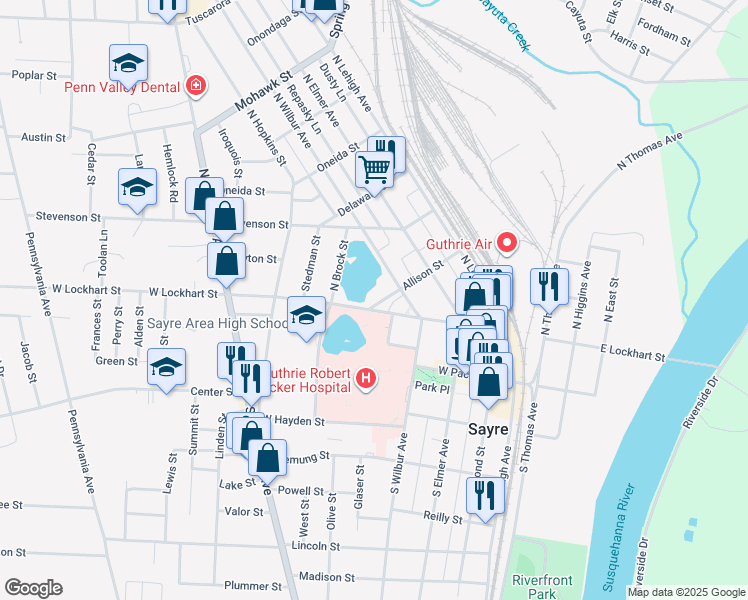 map of restaurants, bars, coffee shops, grocery stores, and more near 312 Allison Street in Sayre
