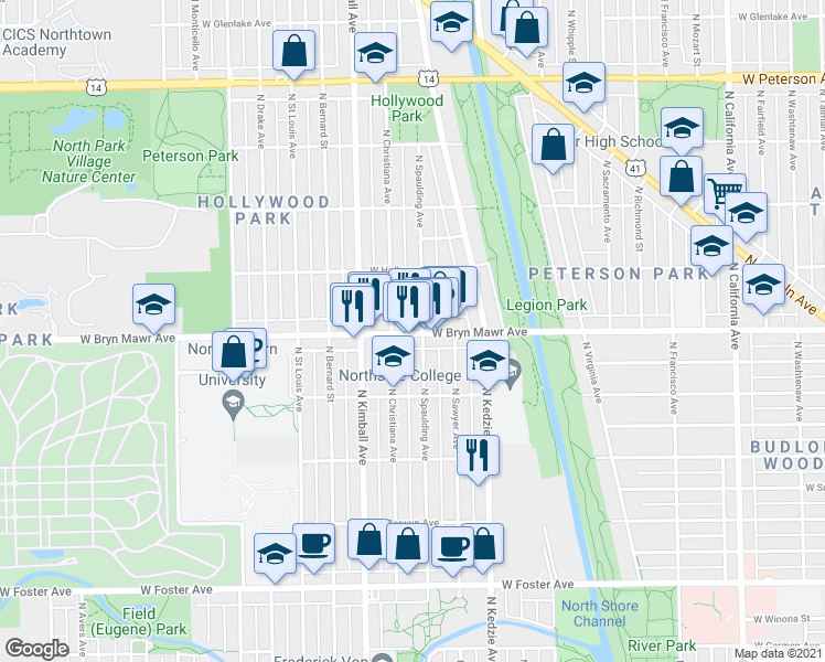 map of restaurants, bars, coffee shops, grocery stores, and more near 3312 West Bryn Mawr Avenue in Chicago