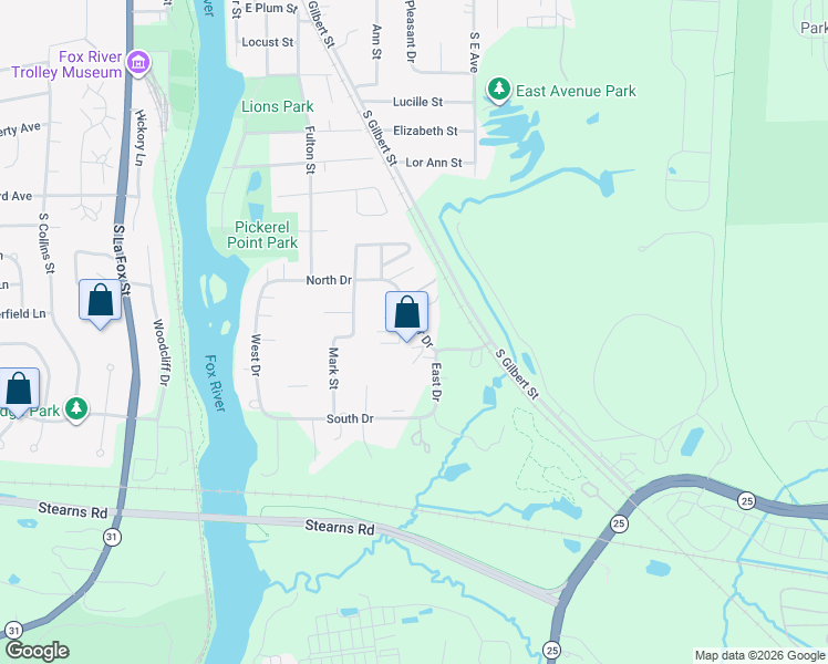 map of restaurants, bars, coffee shops, grocery stores, and more near 1048 Center Drive in South Elgin
