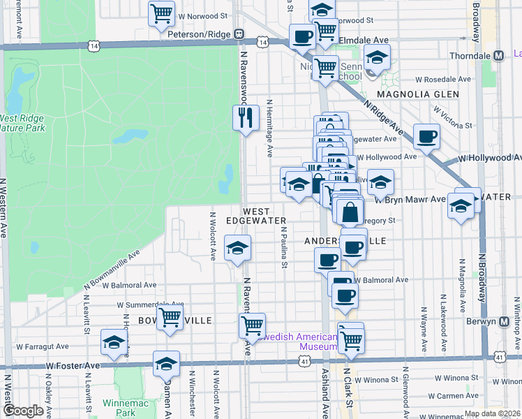 map of restaurants, bars, coffee shops, grocery stores, and more near 1726 West Bryn Mawr Avenue in Chicago