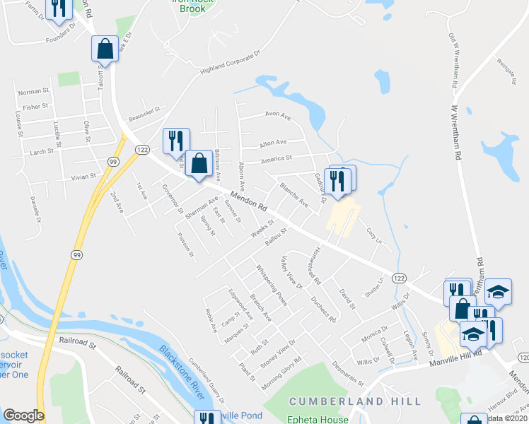 map of restaurants, bars, coffee shops, grocery stores, and more near 3883 Mendon Road in Cumberland