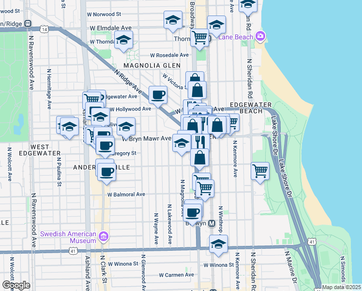 map of restaurants, bars, coffee shops, grocery stores, and more near 5552 North Magnolia Avenue in Chicago