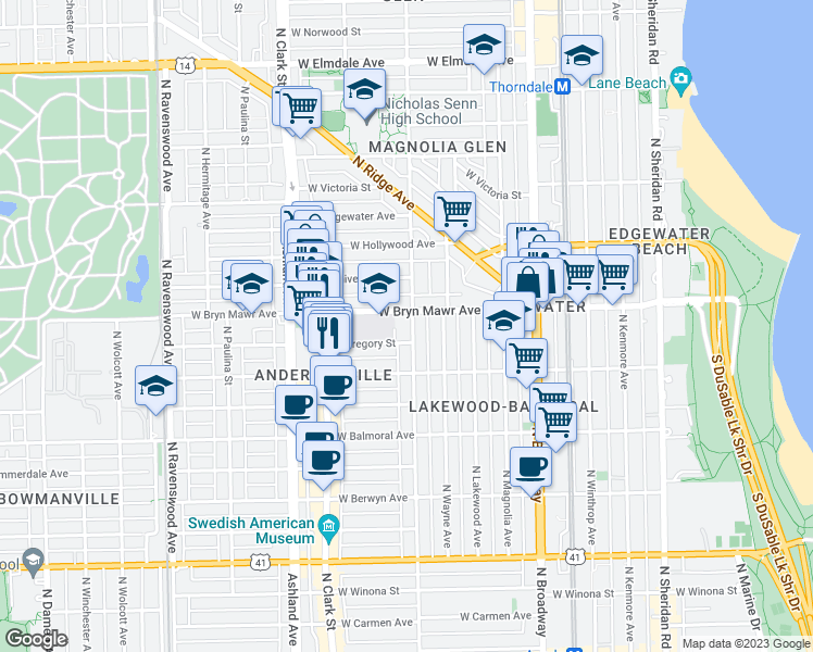 map of restaurants, bars, coffee shops, grocery stores, and more near 1353 West Bryn Mawr Avenue in Chicago