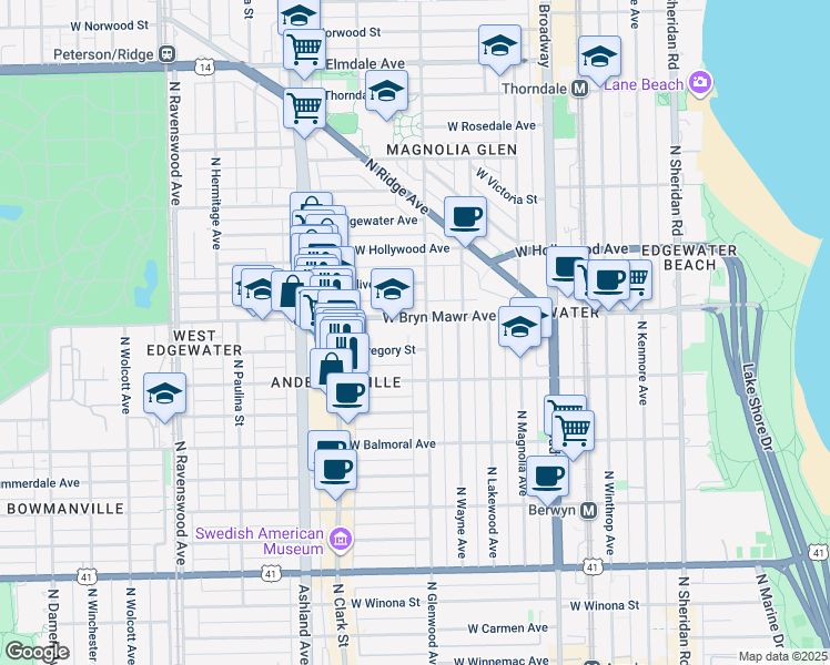 map of restaurants, bars, coffee shops, grocery stores, and more near 1428 West Bryn Mawr Avenue in Chicago