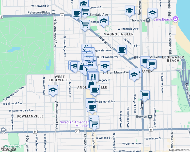 map of restaurants, bars, coffee shops, grocery stores, and more near 1502 West Bryn Mawr Avenue in Chicago