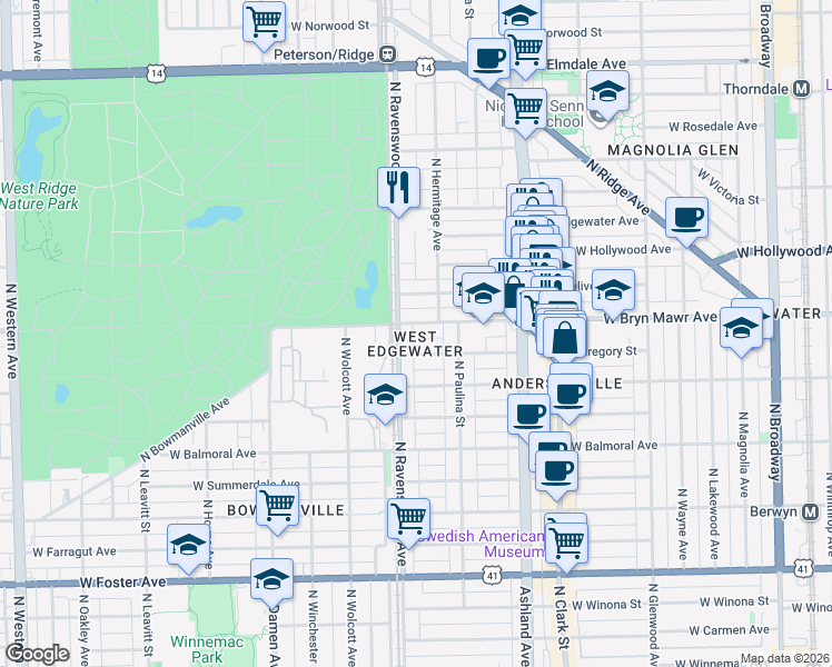 map of restaurants, bars, coffee shops, grocery stores, and more near 1726 West Bryn Mawr Avenue in Chicago
