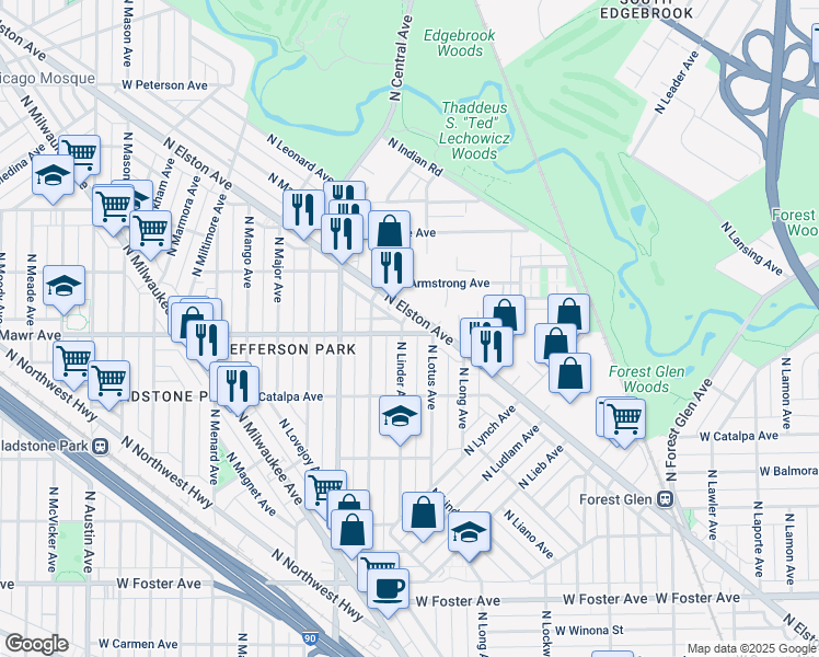 map of restaurants, bars, coffee shops, grocery stores, and more near 5460 North Elston Avenue in Chicago