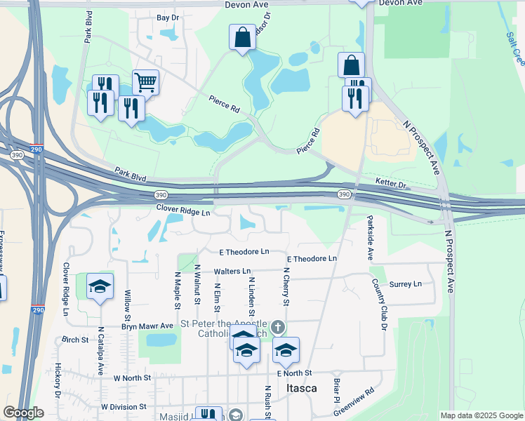 map of restaurants, bars, coffee shops, grocery stores, and more near 327 East Tall Oaks Lane in Itasca