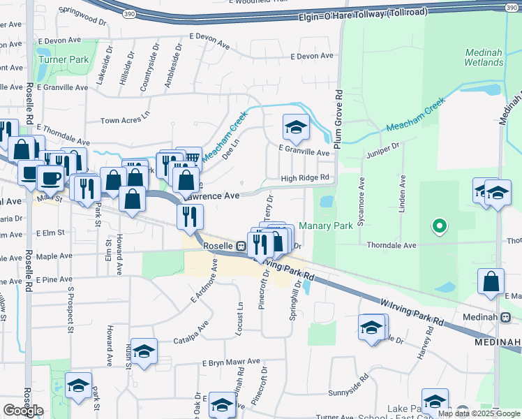 map of restaurants, bars, coffee shops, grocery stores, and more near 38 Terry Drive in Roselle