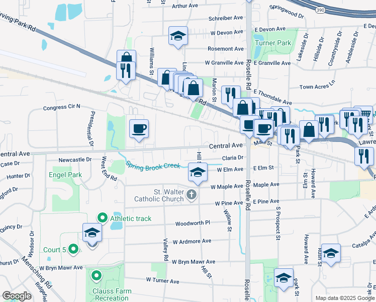 map of restaurants, bars, coffee shops, grocery stores, and more near 204 West Central Avenue in Roselle