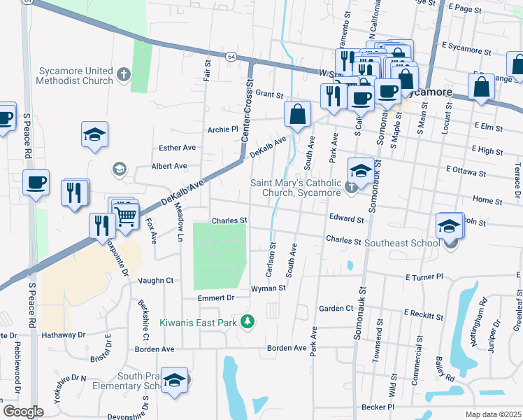 map of restaurants, bars, coffee shops, grocery stores, and more near 521 Edward Street in Sycamore
