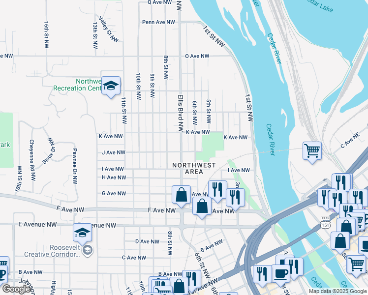 map of restaurants, bars, coffee shops, grocery stores, and more near 1123 Ellis Boulevard Northwest in Cedar Rapids