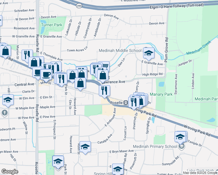 map of restaurants, bars, coffee shops, grocery stores, and more near 519 Lawrence Avenue in Roselle