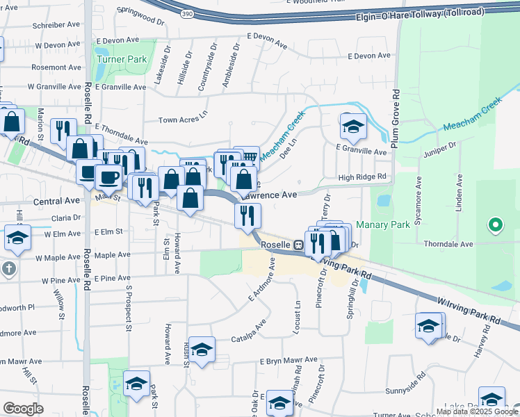 map of restaurants, bars, coffee shops, grocery stores, and more near 519 Lawrence Avenue in Roselle
