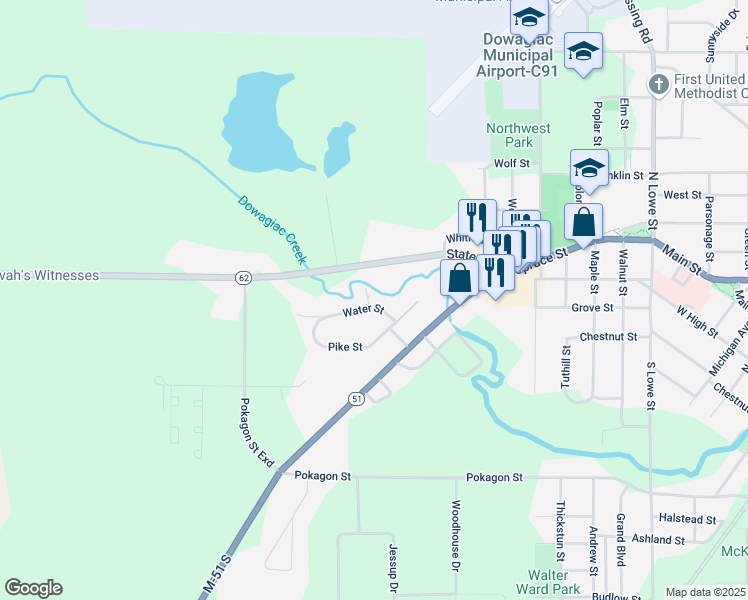 map of restaurants, bars, coffee shops, grocery stores, and more near 29148 Water Street in Dowagiac
