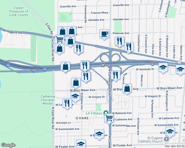 map of restaurants, bars, coffee shops, grocery stores, and more near 8430 West Bryn Mawr Avenue in Chicago