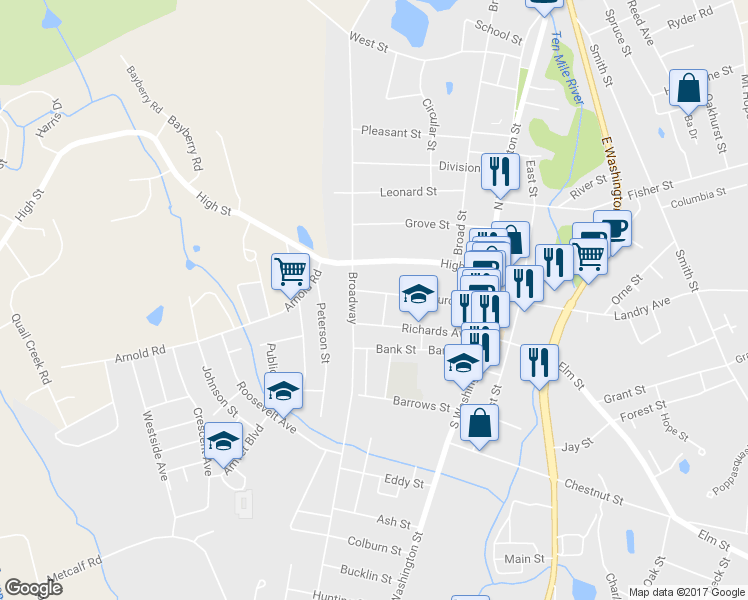 map of restaurants, bars, coffee shops, grocery stores, and more near 99 Church Street in North Attleborough