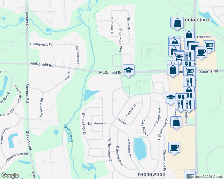map of restaurants, bars, coffee shops, grocery stores, and more near 740 Cole Drive in South Elgin