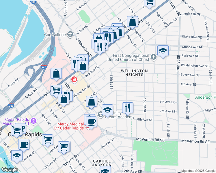 map of restaurants, bars, coffee shops, grocery stores, and more near 1261 4th Avenue Southeast in Cedar Rapids