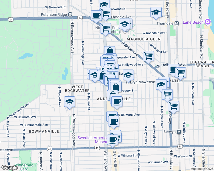 map of restaurants, bars, coffee shops, grocery stores, and more near 5553 North Ashland Avenue in Chicago