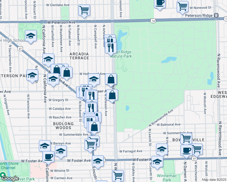 map of restaurants, bars, coffee shops, grocery stores, and more near N Western Ave & W Bryn Mawr Ave in Chicago